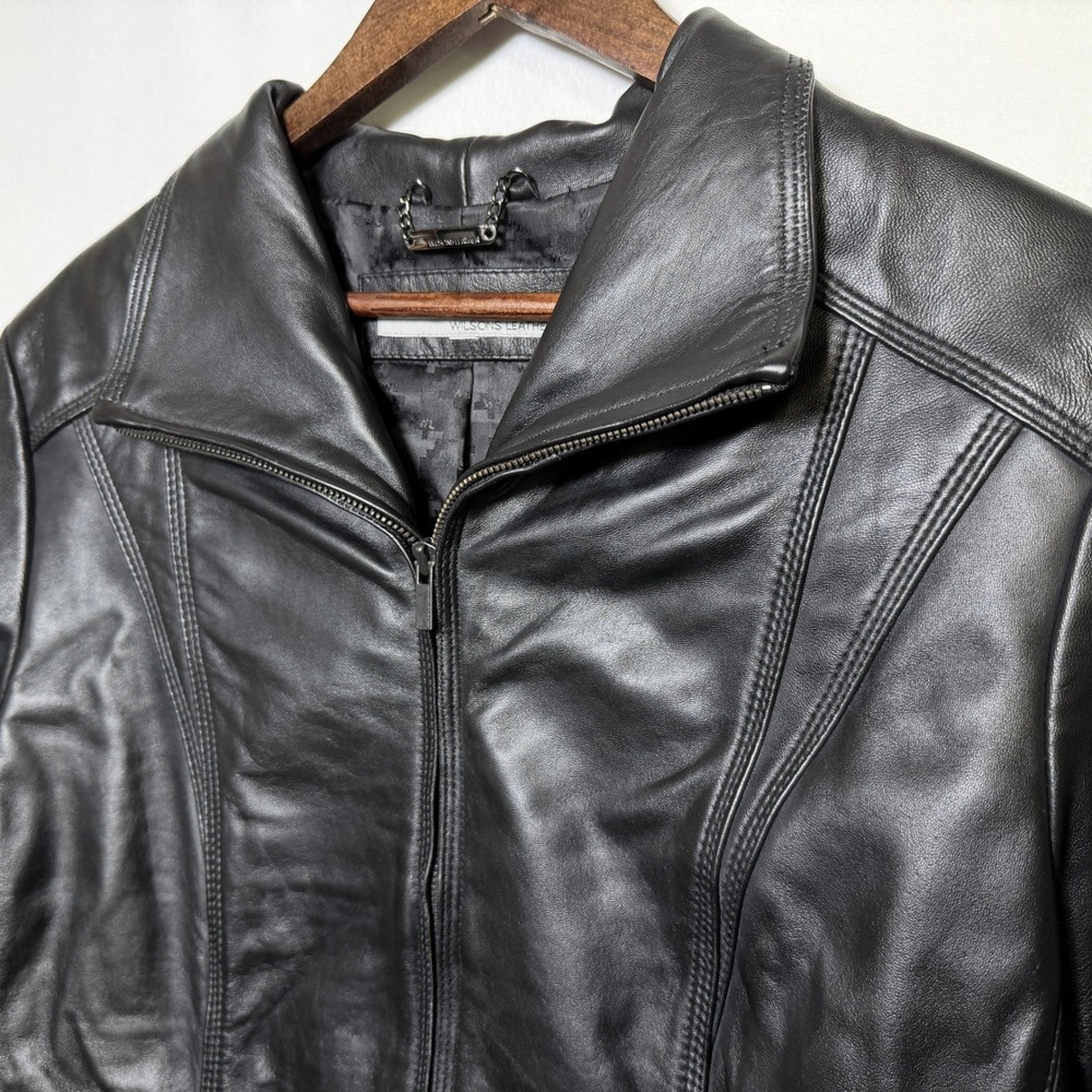 Vintage Wilsons Leather Womens Black Genuine Leather Full Zip Jacket Large Y2K